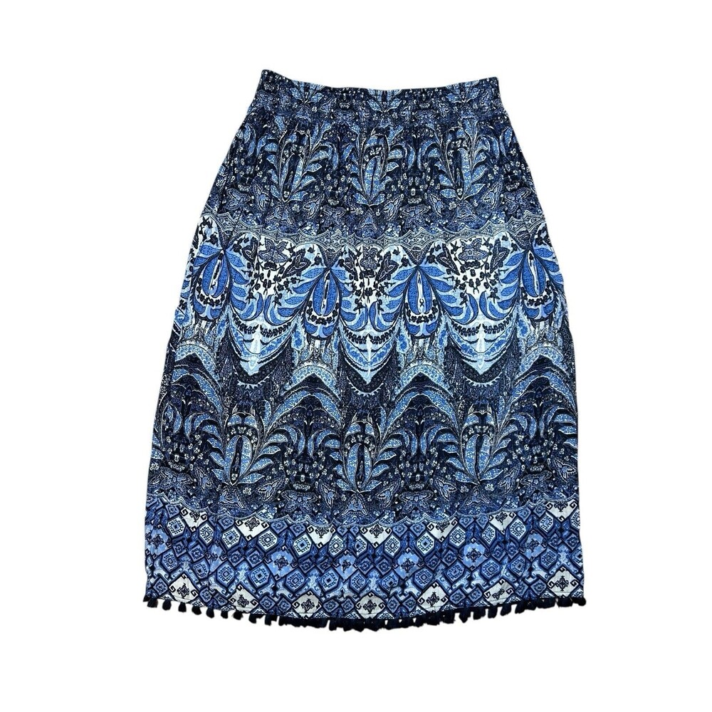 J. Jill Long Skirt Smocked Waist Fringe MED Blue Lotus Coastal Boho Peasant NEW